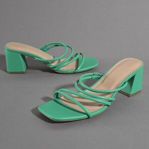 Green Strappy Sandals With A Low Block Heel 9.5